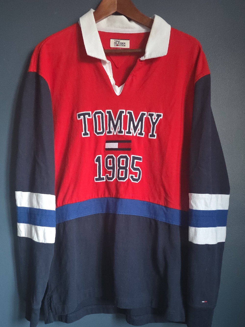 Vintage Tommy Hilfiger Red Navy White Rugby Pullover